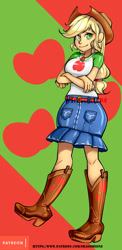 Size: 486x1000 | Tagged: safe, alternate version, artist:srasomeone, derpibooru import, applejack, better together, equestria girls, applerack, breasts, clothes, cowboy hat, crossed arms, female, freckles, hat, looking at you, skirt, smiling, solo, stetson