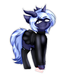 Size: 800x900 | Tagged: safe, artist:diantrex, derpibooru import, oc, oc only, oc:blizzard shard, pony, succubus, unicorn, clothes, female, horns, mare, piercing, simple background, skirt, socks, solo, sweater, transparent background, white outline