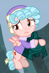 Size: 582x864 | Tagged: safe, derpibooru import, screencap, cozy glow, pegasus, pony, frenemies (episode), bell, bewitching bell, cropped, flying, nervous, solo