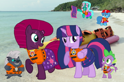 Size: 1621x1080 | Tagged: safe, artist:徐詩珮, derpibooru import, fizzlepop berrytwist, glitter drops, grubber, spike, spring rain, tempest shadow, twilight sparkle, twilight sparkle (alicorn), alicorn, dragon, unicorn, series:sprglitemplight diary, series:sprglitemplight life jacket days, series:springshadowdrops diary, series:springshadowdrops life jacket days, my little pony: the movie, alternate universe, banana boat, bisexual, broken horn, chase (paw patrol), clothes, cute, female, glitterbetes, glitterlight, glittershadow, horn, lesbian, lifeguard, lifeguard spring rain, lifejacket, marshall (paw patrol), paw patrol, polyamory, rocky (paw patrol), rubble (paw patrol), shipping, skye (paw patrol), sprglitemplight, springbetes, springdrops, springlight, springshadow, springshadowdrops, tempestbetes, tempestlight, zuma (paw patrol)