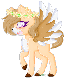 Size: 335x356 | Tagged: safe, artist:ramufuu, derpibooru import, oc, pegasus, pony, :d, chest fluff, colored hooves, floral head wreath, flower, open mouth, pegasus oc, pixel art, smiling, two toned wings, wings