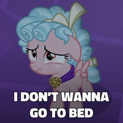 Size: 600x600 | Tagged: safe, derpibooru import, edit, edited screencap, screencap, chancellor neighsay, cozy glow, pegasus, pony, school raze, bed time, bedtime, bow, caption, cozybetes, cute, dialogue, displeased, female, filly, floppy ears, foal, image macro, meme, night, pouting, sad, sadorable, school of friendship, text