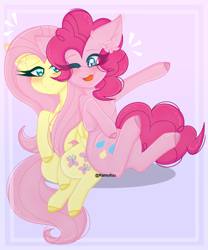 Size: 1030x1237 | Tagged: safe, artist:ramufuu, derpibooru import, fluttershy, pinkie pie, earth pony, pegasus, pony, colored hooves, duo, ear fluff, eyelashes, female, mare, one eye closed, open mouth, sitting, smiling, wink