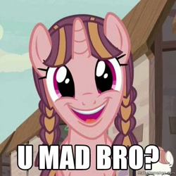 Size: 600x600 | Tagged: safe, derpibooru import, edit, edited screencap, screencap, the cutie map, bacon braids, caption, image macro, meme, solo, text, u mad?