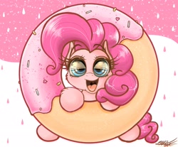 Size: 2048x1692 | Tagged: safe, alternate version, artist:phoenixrk49, derpibooru import, pinkie pie, earth pony, pony, cloud, donut, eye reflection, food, misleading thumbnail, open mouth, reflection, strawberry