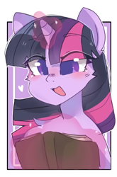 Size: 645x978 | Tagged: safe, alternate version, artist:violetstar36, derpibooru import, twilight sparkle, unicorn twilight, pony, unicorn, :d, book, bust, eye clipping through hair, female, glowing horn, horn, magic, mare, reading, smiling, solo, telekinesis