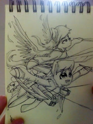 Size: 480x640 | Tagged: safe, artist:kiwwsplash, derpibooru import, oc, oc only, pegasus, pony, :d, duo, flying, gun, irl, lineart, notepad, pegasus oc, photo, smiling, sword, traditional art, weapon, wings