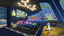 Size: 1920x1080 | Tagged: safe, artist:klonex1050art, derpibooru import, rarity, twilight sparkle, twilight sparkle (alicorn), alicorn, pony, unicorn, bed, book, coral reef, evening, hotel room, prone, reading, sofa, underwater