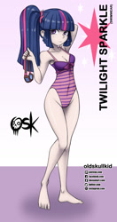 Size: 984x1860 | Tagged: safe, alternate version, artist:oldskullkid, derpibooru import, twilight sparkle, human, equestria girls, anime, arm behind head, armpits, belly button, clothes, female, goggles, humanized, legs, looking at you, one-piece swimsuit, ponytail, ribbon, sleeveless, solo, swimsuit