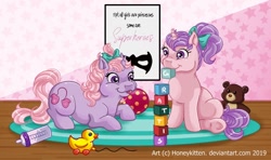 Size: 1024x608 | Tagged: safe, artist:honeykitten, derpibooru import, sniffles, snookums, g1, baby bottle, blocks, female, filly, mouth hold, swedish, teddy bear, tongue out, toy, twins