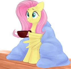 Size: 1388x1345 | Tagged: safe, artist:some_ponu, derpibooru import, fluttershy, pegasus, pony, blanket, female, mare, mug, simple background, solo, white background, wing hands, wing hold, wings