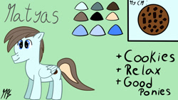 Size: 1920x1080 | Tagged: artist needed, source needed, safe, derpibooru import, oc, oc only, pegasus, color palette, cookie, cutie mark, digital art, food, pegasus oc, reference sheet, wings