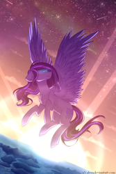 Size: 1000x1500 | Tagged: safe, artist:xvaleox, derpibooru import, oc, oc only, pegasus, chest fluff, floppy ears, flying, glowing eyes meme, lens flare, not twilight sparkle, solo, sunset