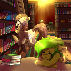 Size: 2000x2000 | Tagged: safe, artist:xvaleox, derpibooru import, oc, oc only, earth pony, pegasus, pony, book, bookcase, bookshelf, duo, eyes closed, glasses, horns, library, table, tired