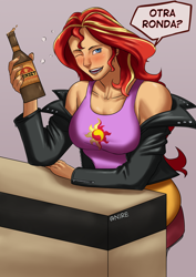 Size: 2480x3508 | Tagged: safe, artist:nire, derpibooru import, sunset shimmer, human, equestria girls, alcohol, beer, blushing, breasts, clothes, dialogue, drunk, drunker shimmer, fallout, fallout: new vegas, jacket, looking at you, smiling, smiling at you, solo, spanish, sunset jiggler, sunset sarsparilla