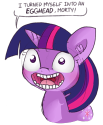 Size: 3432x4160 | Tagged: safe, artist:dsp2003, artist:tjpones, edit, twilight sparkle, pony, unicorn, comic:the many faces of twilight sparkle, 2018, bust, comic, creepy, creepy smile, dialogue, ear fluff, female, mare, meme, open mouth, rick and morty, rick sanchez, simple background, single panel, smiling, special eyes, transparent background, twirick, wat