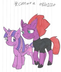 Size: 1031x1203 | Tagged: safe, artist:cmara, derpibooru import, tempest shadow, twilight sparkle, twilight sparkle (alicorn), alicorn, pony, unicorn, bodysuit, broken horn, clothes, duo, eye scar, female, hoof shoes, horn, mare, raised hoof, sad, scar, simple background, traditional art, white background