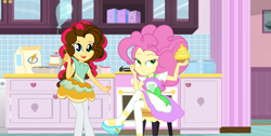 Size: 4053x2039 | Tagged: safe, artist:galaxyswirlsyt, derpibooru import, li'l cheese, oc, oc:party pie, human, equestria girls, the last problem, apron, balloon, clothes, cupcake, dress, food, high res, offspring, older, parent:cheese sandwich, parent:pinkie pie, parents:cheesepie