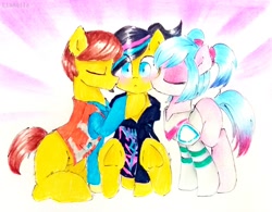 Size: 2978x2322 | Tagged: safe, artist:liaaqila, derpibooru import, earth pony, pony, armor, bisexual, blank flank, clothes, commission, crossover, cute, emmet brickowski, eyes closed, eyeshadow, female, hoodie, kiss on the cheek, kiss sandwich, kissing, lego, lesbian, makeup, male, non-mlp shipping, pen, ponified, raised hoof, shipping, shirt, sitting, spacesuit, straight, surprised, sweet mayhem, the lego movie, the lego movie 2: the second part, traditional art, underhoof, vest, wyldstyle