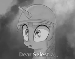 Size: 611x476 | Tagged: safe, artist:some_ponu, derpibooru import, twilight sparkle, alicorn, pony, flashback, helmet, horn, misspelling, monochrome, open mouth, simple background, solo, thousand yard stare, vietnam, vietnam war