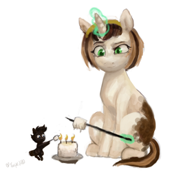 Size: 4000x4000 | Tagged: safe, artist:misstwipietwins, derpibooru import, oc, oc:elinvar, oc:inkenel, pony, candle, food, marshmallow, micro, size difference