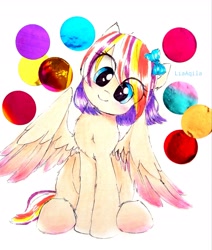 Size: 2281x2692 | Tagged: safe, artist:liaaqila, derpibooru import, oc, oc only, oc:qilala, pegasus, pony, bow, confetti, cute, head tilt, looking at you, ocbetes, pegasus oc, simple background, sitting, smiling, solo, spread wings, traditional art, white background, wings