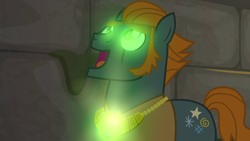 Size: 1920x1080 | Tagged: safe, derpibooru import, screencap, rogue (character), earth pony, pony, daring doubt, glow, glowing eyes, male, solo, stallion, truth talisman