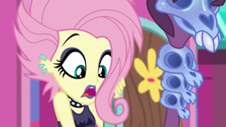 Size: 1920x1080 | Tagged: safe, derpibooru import, screencap, fluttershy, better together, equestria girls, the road less scheduled, eyeshadow, flutterpunk, lipstick, makeup, piercing, sleeveless, solo, staff