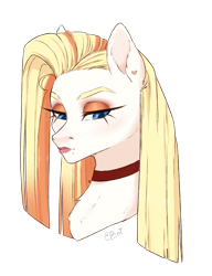 Size: 2158x2806 | Tagged: safe, artist:e-boi, derpibooru import, oc, oc only, oc:coffee cake, earth pony, pony, bust, choker, ear piercing, earth pony oc, female, frown, lipstick, makeup, mare, offspring, parent:donut joe, parent:pinkie pie, parents:pinkiejoe, piercing, simple background, solo, transparent background