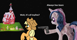 Size: 1400x746 | Tagged: safe, artist:jellymaggot, derpibooru import, applejack, granny smith, twilight sparkle, earth pony, pony, chair, female, gun, mare, meme, sad but true, sweet apple acres, toy, wait it's all ohio, weapon