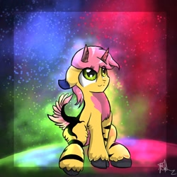 Size: 1024x1024 | Tagged: safe, artist:kiwwsplash, derpibooru import, oc, oc only, hybrid, pony, abstract background, cloven hooves, horns, looking up, signature, sitting, smiling, solo, unshorn fetlocks