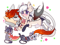 Size: 1461x1092 | Tagged: safe, artist:kitten-in-the-jar, derpibooru import, oc, oc only, draconequus, hybrid, pegasus, female, food, mare, pillow, watermelon