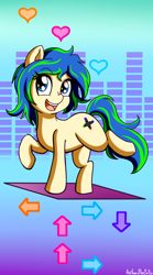 Size: 1665x3000 | Tagged: safe, artist:anibaruthecat, derpibooru import, oc, oc only, oc:ravebounce, earth pony, pony, dance dance revolution, dancing, female, heart, looking at you, mare, phone wallpaper, raised hoof, raised leg, smiling, solo