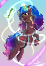 Size: 1280x1817 | Tagged: safe, artist:moonlightfan, derpibooru import, oc, oc only, pony, unicorn, deviantart, female, gradient background, levitation, magic, mare, ponified, solo, species swap, stylus, telekinesis