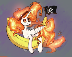 Size: 1000x800 | Tagged: safe, artist:kirasunnight, derpibooru import, daybreaker, alicorn, pony, :p, banana, bananalestia, colored sclera, female, flag, food, mane of fire, mare, missing accessory, piracy, pirate, prone, slit eyes, solo, tongue out