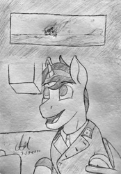 Size: 618x888 | Tagged: safe, artist:biergarten13, derpibooru import, tank, oc, oc:sift howler, unicorn, fallout equestria, fallout equestria: ghosts of the past, burning, officer, pak 40, panzer, periscope, solo, tanker, tanksight