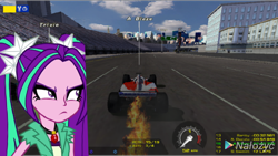 Size: 720x407 | Tagged: safe, derpibooru import, aria blaze, equestria girls, angry, barely pony related, fire, formula 1, game, obligatory pony, race, rfactor, solo