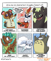 Size: 1715x2048 | Tagged: safe, artist:floofyfoxcomics, derpibooru import, spur, anthro, dragon, pegasus, pony, raccoon, alolan vulpix, animal crossing, anthro with ponies, cinderace, clothes, crossover, female, filly, freckles, grin, how to train your dragon, looking back, male, my neighbor totoro, neckerchief, pokémon, rabbit pokemon, raised hoof, six fanarts, smiling, tom nook, toothless the dragon, totoro, vulpix