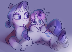 Size: 1400x1020 | Tagged: safe, artist:haden-2375, derpibooru import, rarity, sweetie belle, pony, unicorn, belle sisters, blanket, cute, duo, duo female, female, floppy ears, horror movie, korean, open mouth, scared, shaking, siblings, sisters