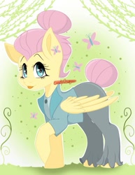 Size: 526x680 | Tagged: safe, artist:candy0sugar, derpibooru import, fluttershy, pegasus, pony, butterfly hairpin, clothes, digital art, hair bun, hairpin, solo, tail bun, tongue out