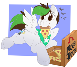 Size: 2000x1753 | Tagged: safe, artist:onecoolmule, derpibooru import, oc, oc:kibbie, oc:kibbiethegreat, pegasus, bandana, big eyes, dialogue, eating, food, male, messy eating, neckerchief, pizza, pizza box, simple background, size difference, smaller male, spread wings, stallion, wings