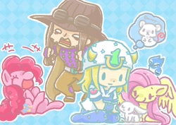 Size: 2048x1448 | Tagged: safe, artist:m_a_a_m_8, artist:まー, derpibooru import, angel bunny, fluttershy, pinkie pie, earth pony, pegasus, pony, gyro zeppeli, johnny joestar, jojo's bizarre adventure, steel ball run