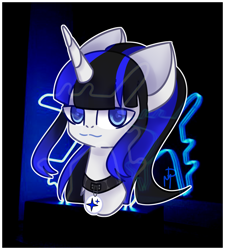 Size: 1948x2160 | Tagged: artist needed, safe, derpibooru import, oc, oc:coldlight bluestar, pony, unicorn, abstract background, bust, collar, cute, female, floppy ears, horn, looking at you, mare, ponytail, solo