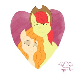 Size: 1080x1080 | Tagged: safe, artist:operfield, derpibooru import, bright mac, pear butter, earth pony, pony, brightbutter, bust, eyes closed, female, hat, male, mare, nuzzling, shipping, signature, smiling, stallion, straight