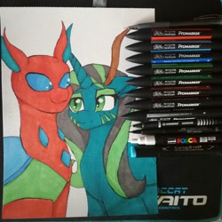 Size: 1080x1080 | Tagged: safe, artist:operfield, derpibooru import, oc, oc only, oc:stitchy de noël, changedling, changeling, pony, unicorn, changedling oc, changeling oc, duo, face paint, horn, smiling, traditional art, unicorn oc