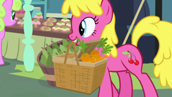 Size: 1280x720 | Tagged: safe, derpibooru import, screencap, cherry berry, daisy, flower wishes, earth pony, pony, she talks to angel, background pony, basket, carrot, food, mouth hold