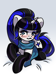 Size: 1072x1500 | Tagged: safe, artist:avonir, derpibooru import, oc, oc:coldlight bluestar, pony, unicorn, bed, blushing, clothes, cute, cutie mark, female, gloves, looking at you, lying on bed, mare, on bed, scarf, socks, solo