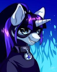 Size: 1145x1454 | Tagged: artist needed, safe, derpibooru import, oc, oc:coldlight bluestar, pony, unicorn, abstract background, bust, catwoman, clothes, collar, cosplay, costume, female, latex, latex suit, looking at you, mare, mask, ponytail, portrait, rubber, rubber suit, simple background, smiley face, solo