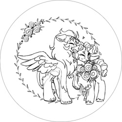 Size: 969x969 | Tagged: safe, artist:isaac-polo, derpibooru import, oc, oc only, oc:anonlucid lullaby, oc:caper, pony, sphinx, unicorn, bouquet, couple, embroidery, flower, no source available, simple background, sketch, white background