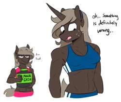 Size: 1225x1032 | Tagged: safe, artist:redxbacon, derpibooru import, oc, oc only, oc:parch well, oc:securina, anthro, earth pony, unicorn, abs, biceps, breasts, clothes, female, midriff, muscles, muscular female, siblings, simple background, sisters, sports, sports bra, sweat, white background, workout outfit, worried